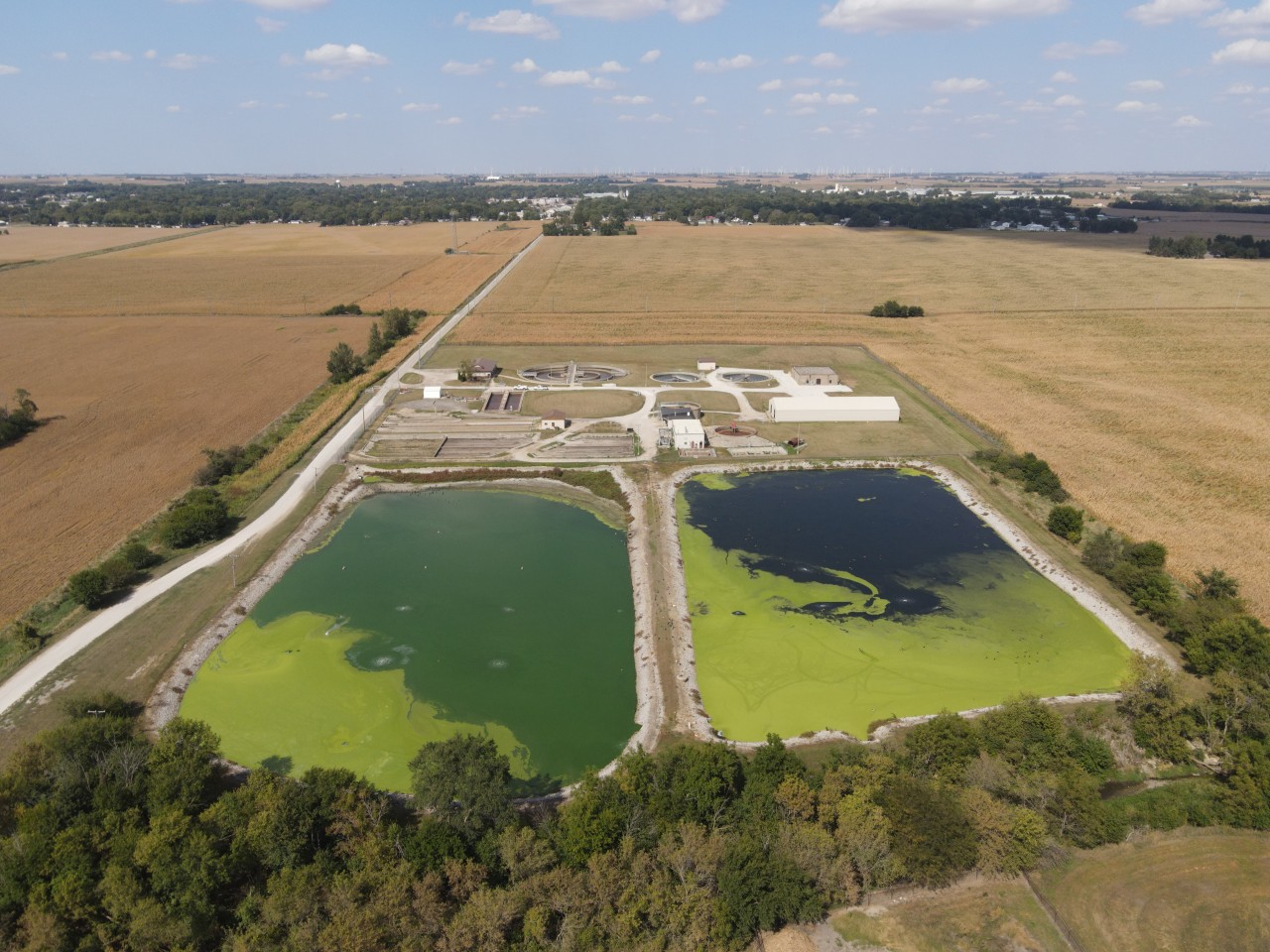 An aerial view of a wastewater treatment plant